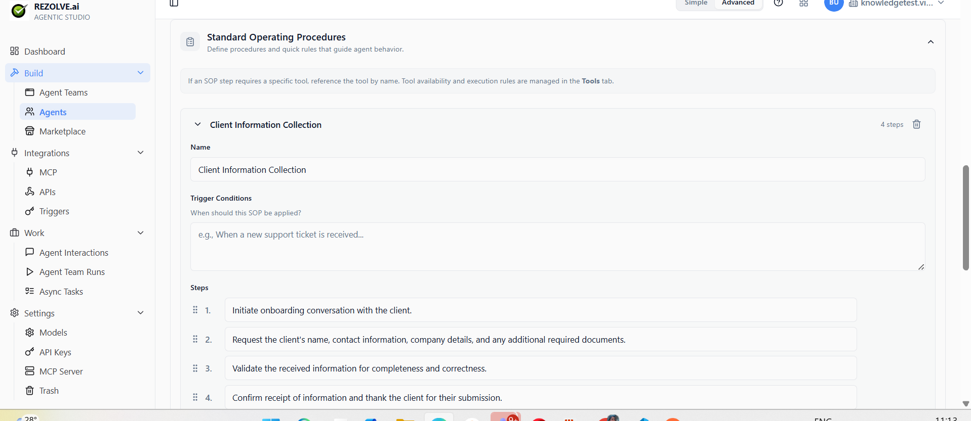 SOPs section: a Client Information Collection SOP with trigger conditions and steps