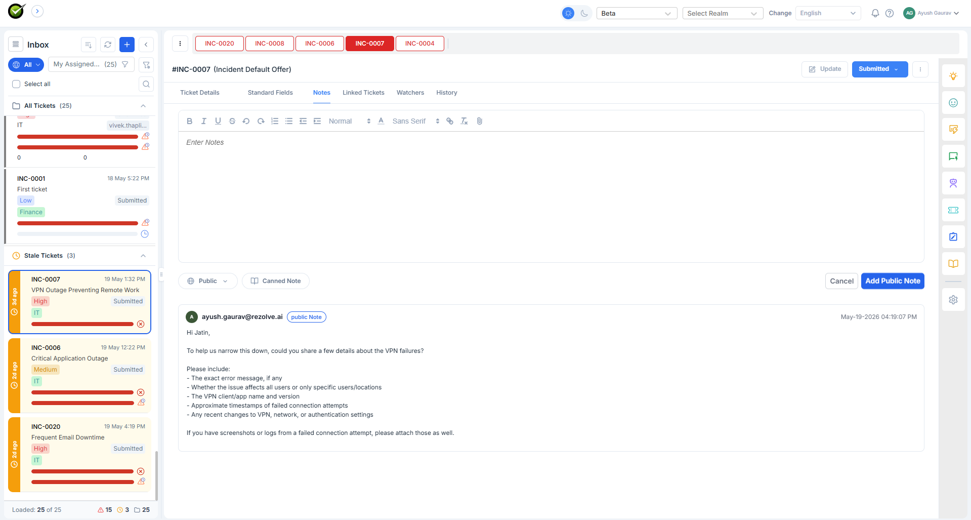 Inbox view with a Stale Tickets section showing four tickets, each card listing the ticket ID, subject, "Last agent note: 4 days ago" timestamp, and the customer name