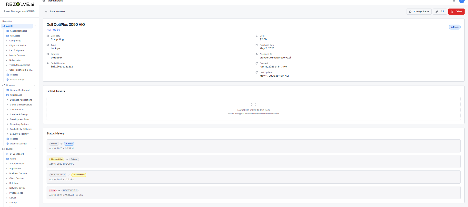 Status History panel on an asset detail page, listing transitions like Retired → In Store, Checked Out → Retired, and Lost → NEW STATUS 2, each timestamped and attributed to a user