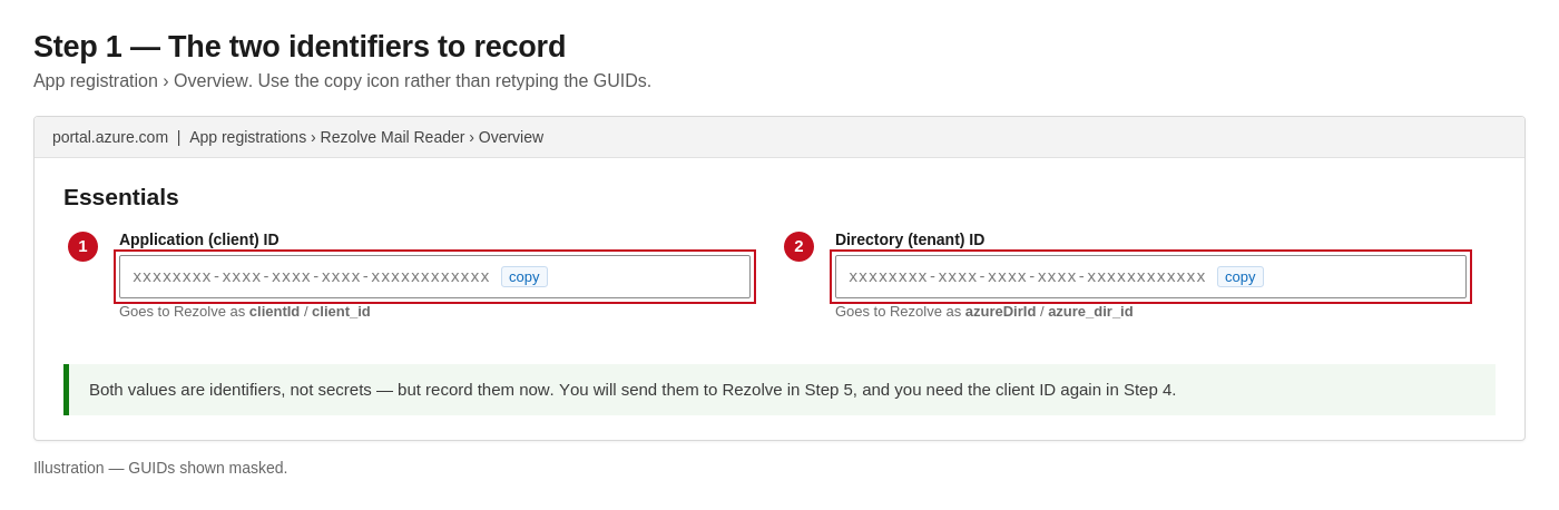 Application (client) ID and Directory (tenant) ID on the app Overview page