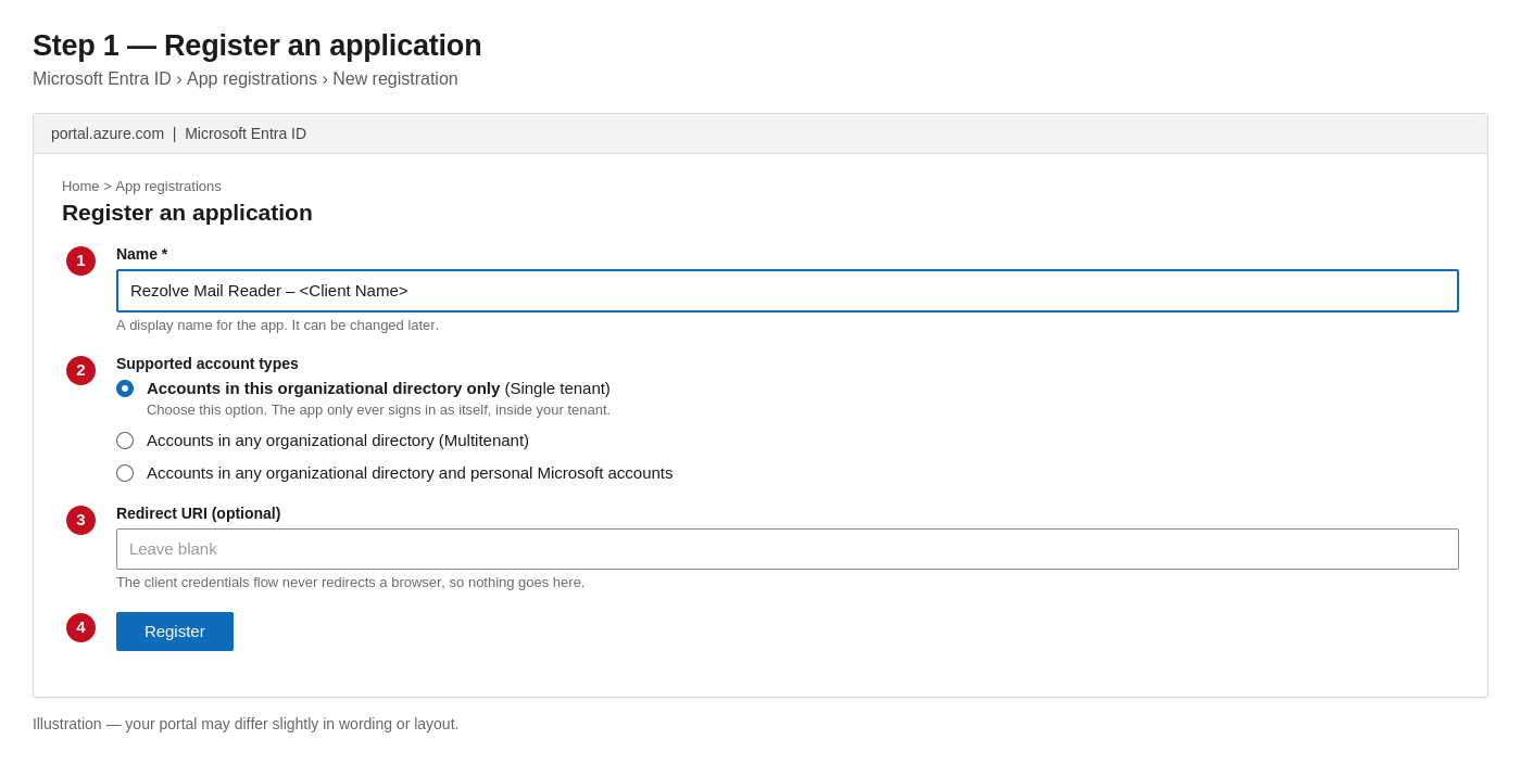 Register an application form with name, single tenant selected, and no redirect URI