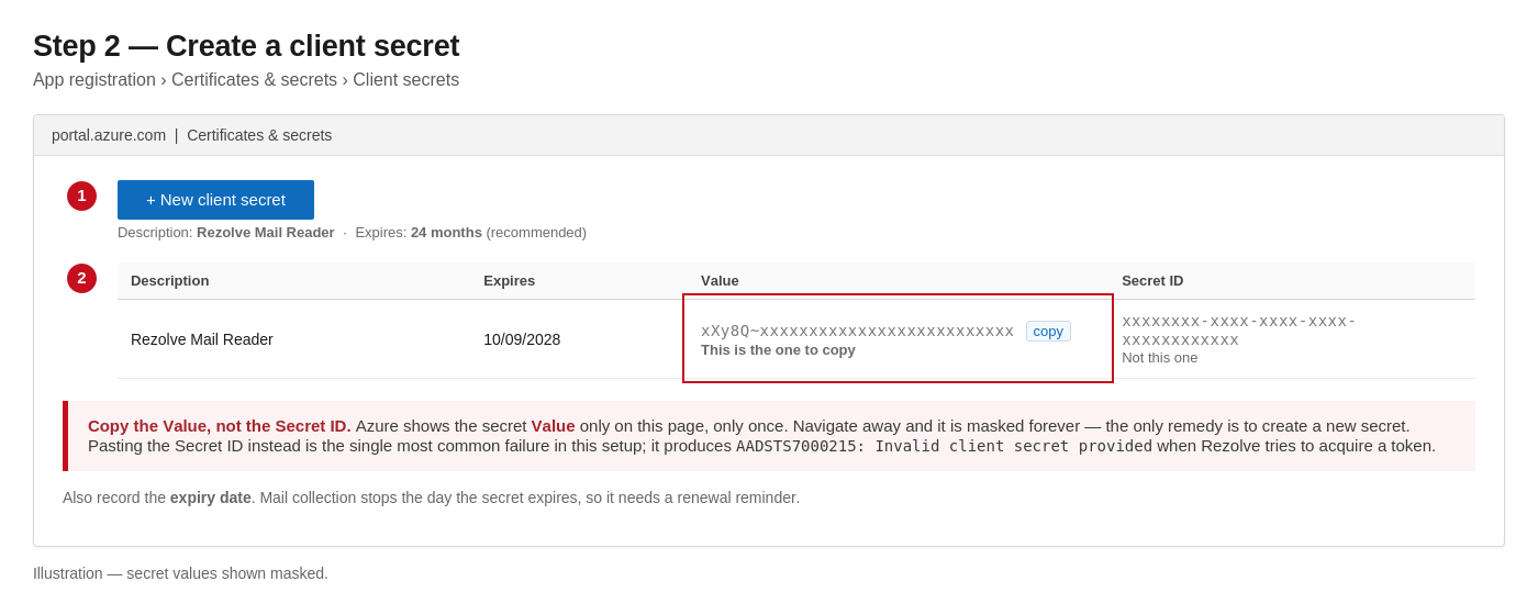 Client secrets list with the Value column highlighted alongside the Secret ID column