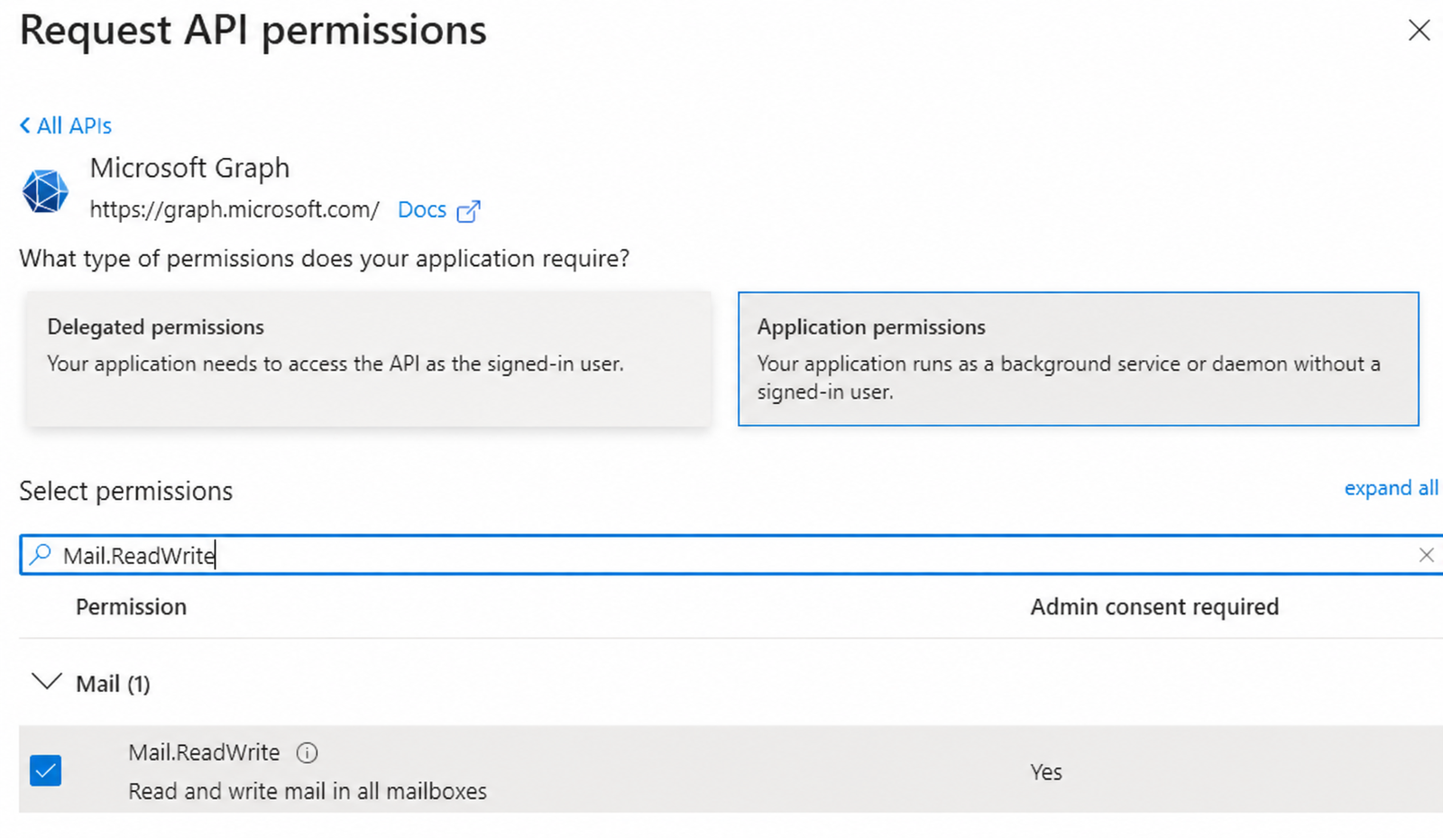 Request API permissions panel with Application permissions chosen and Mail.ReadWrite ticked