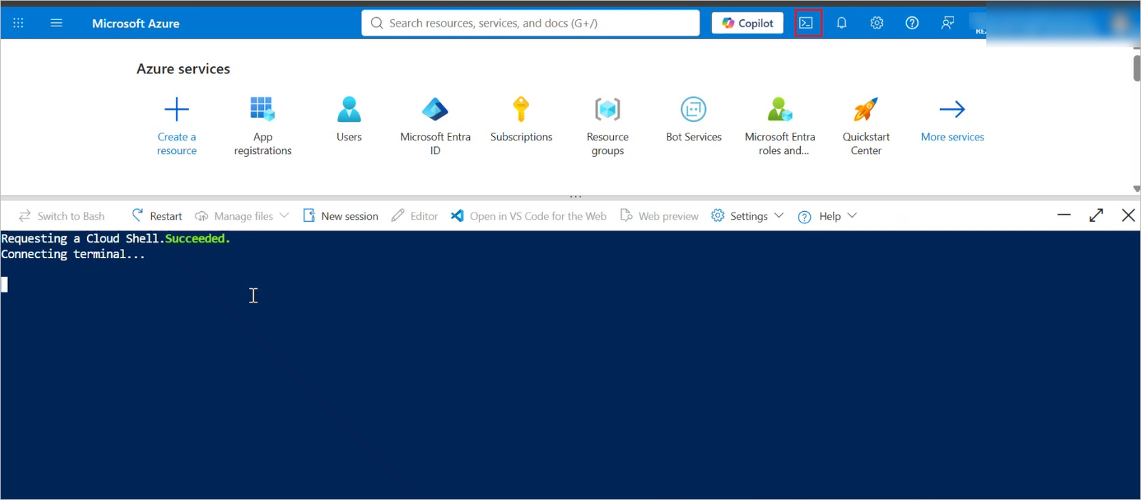The Cloud Shell icon in the Azure top bar with the terminal starting up