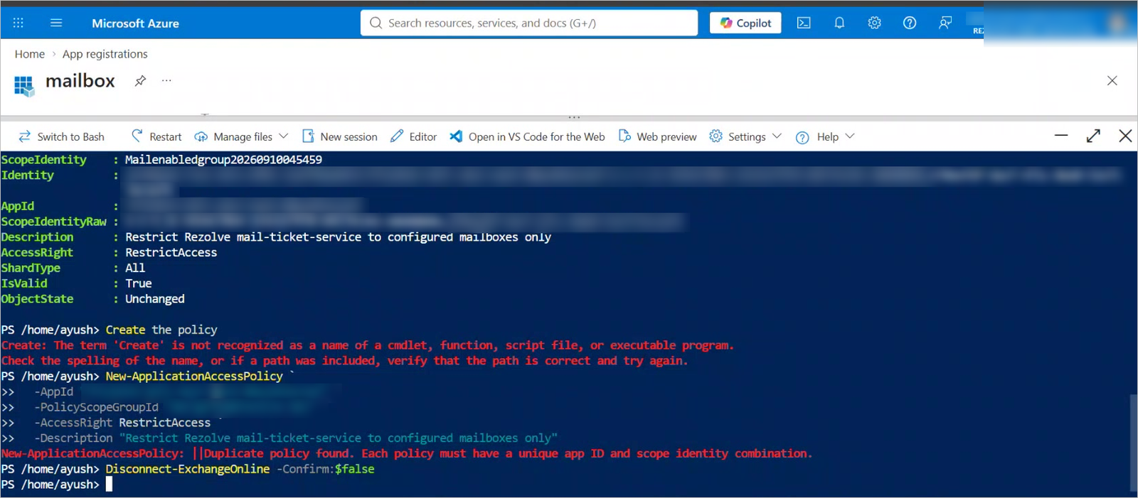 The duplicate-policy message in Cloud Shell after a second run