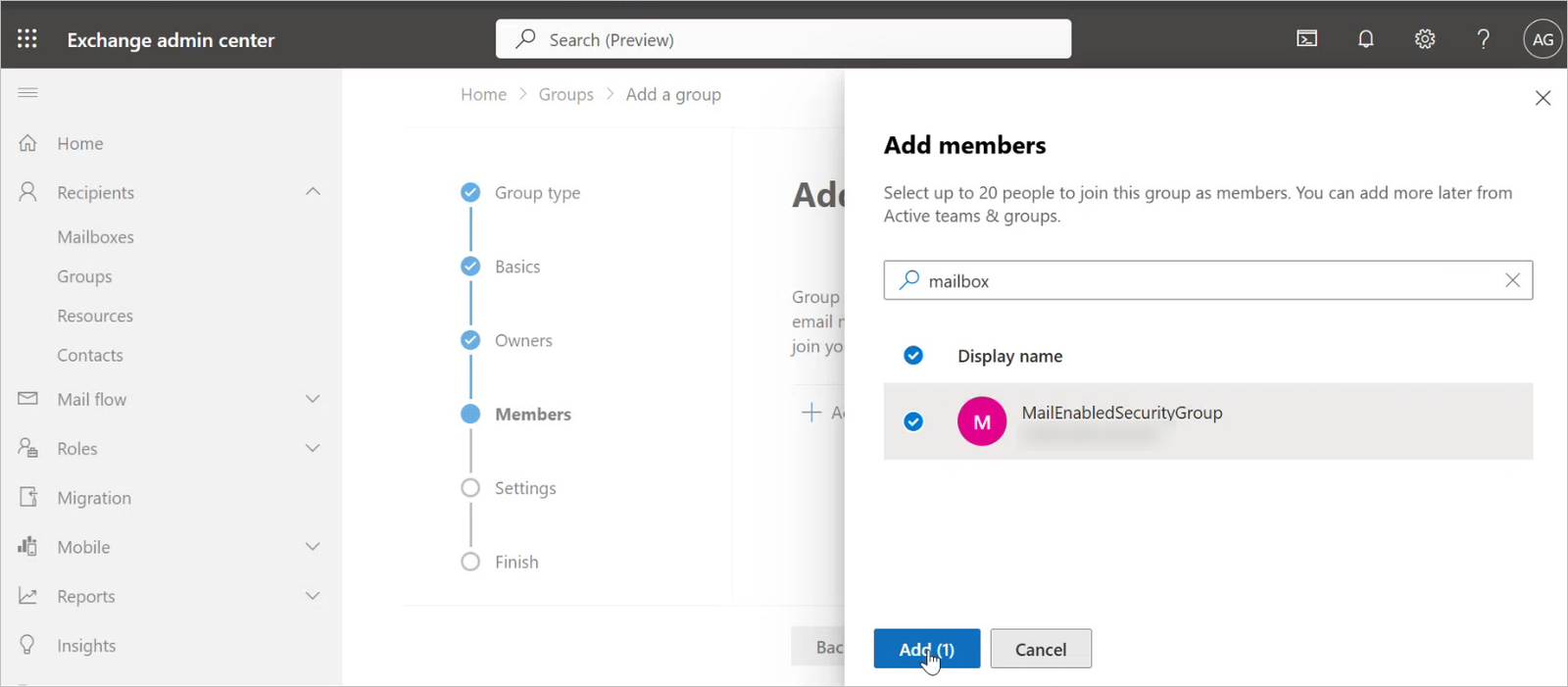Add members panel with the mailbox searched and ticked