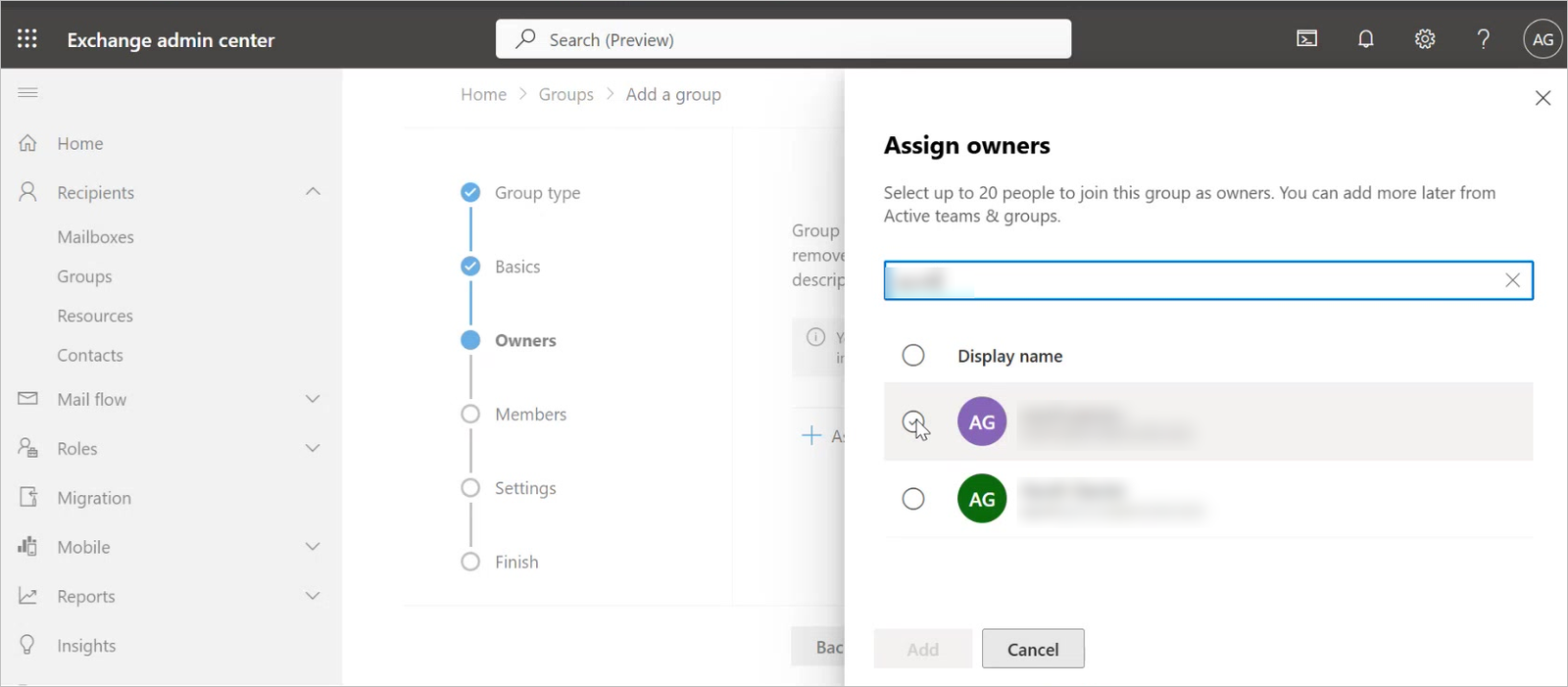 Assign owners page with at least one owner selected