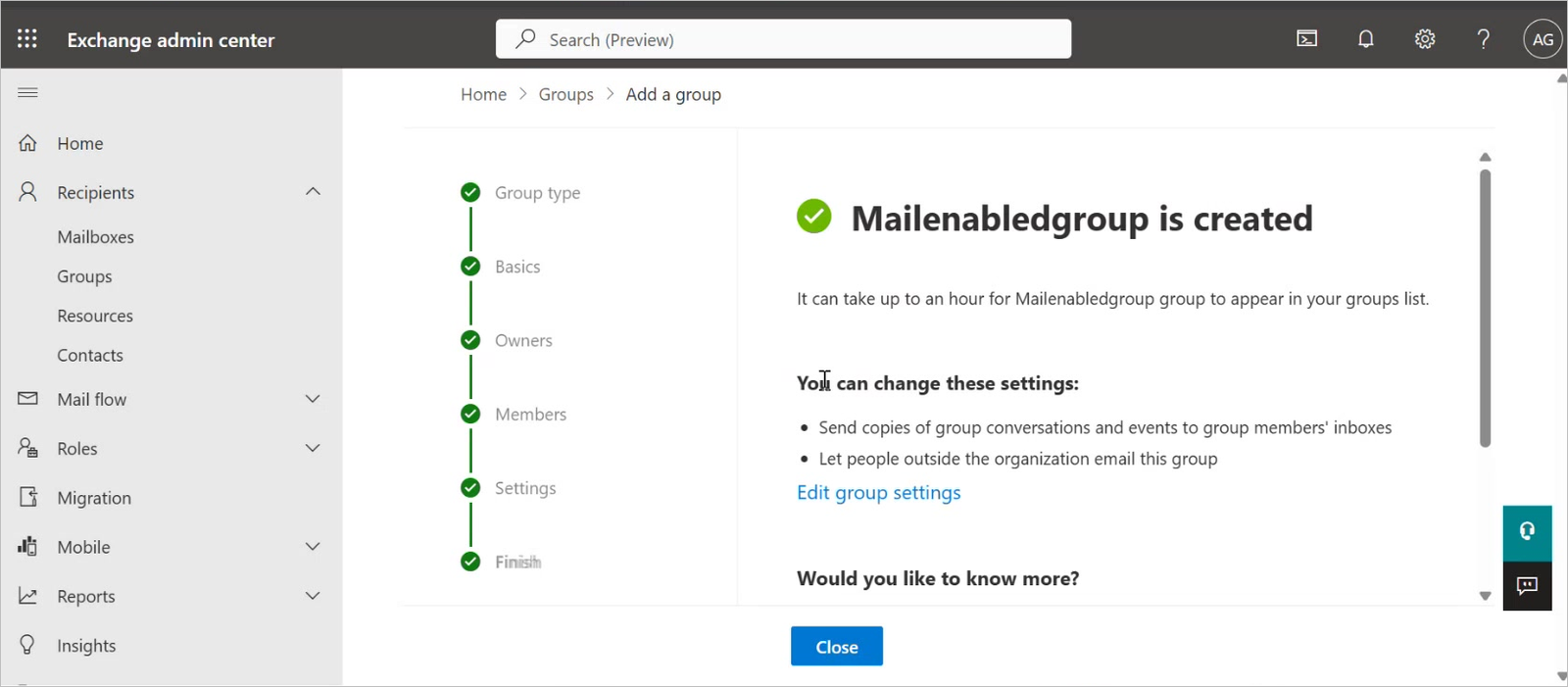 Confirmation screen showing that the group has been created