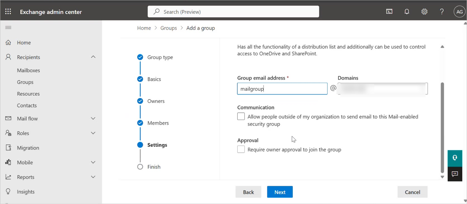Settings page with the group email address filled in