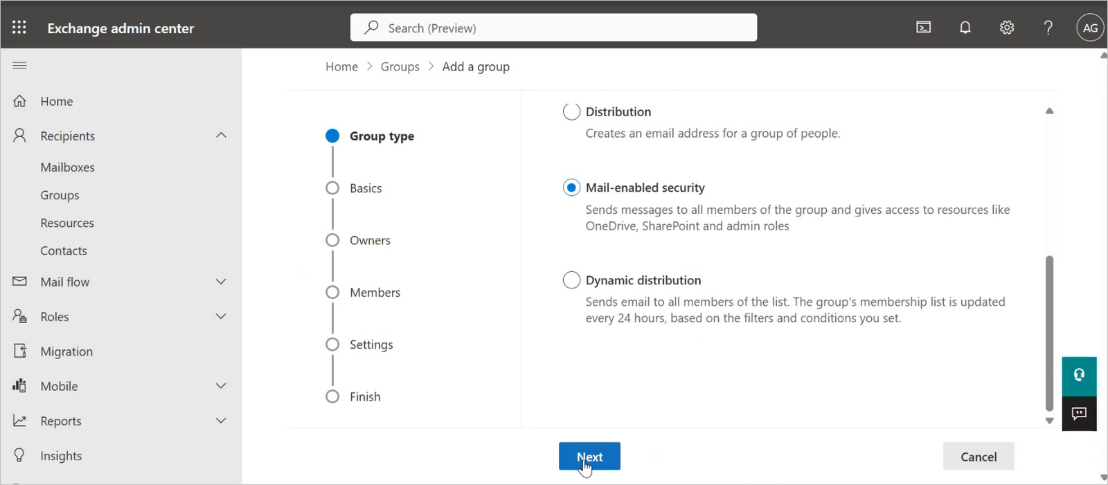 Group type page with Mail-enabled security selected, not Microsoft 365 and not Distribution