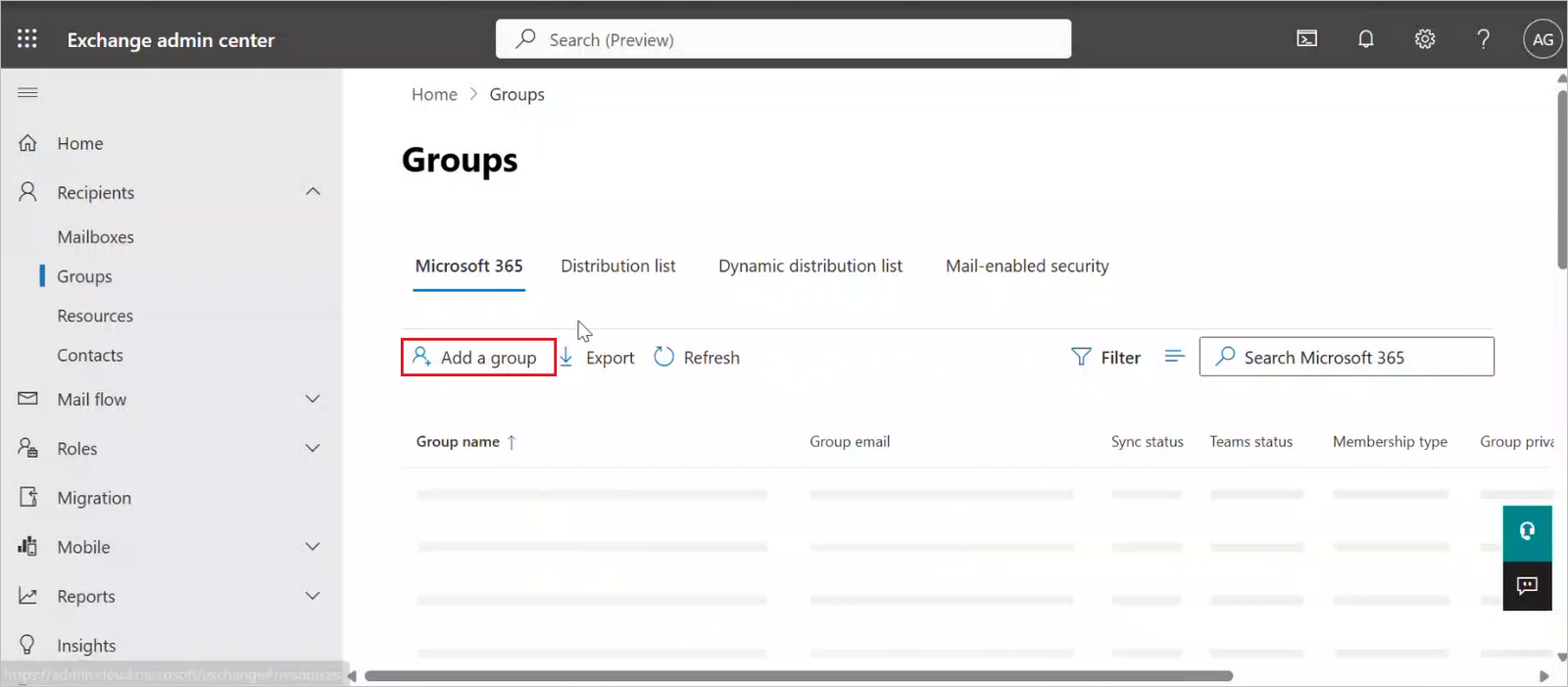 Exchange admin center with Recipients, Groups, and the Add a group button