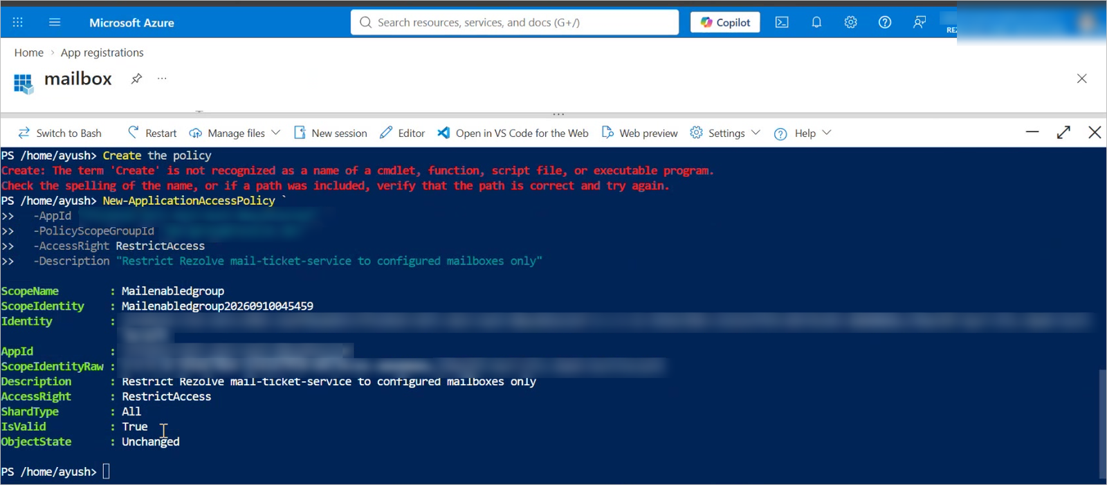 Cloud Shell output echoing the new policy with AccessRight RestrictAccess and IsValid True