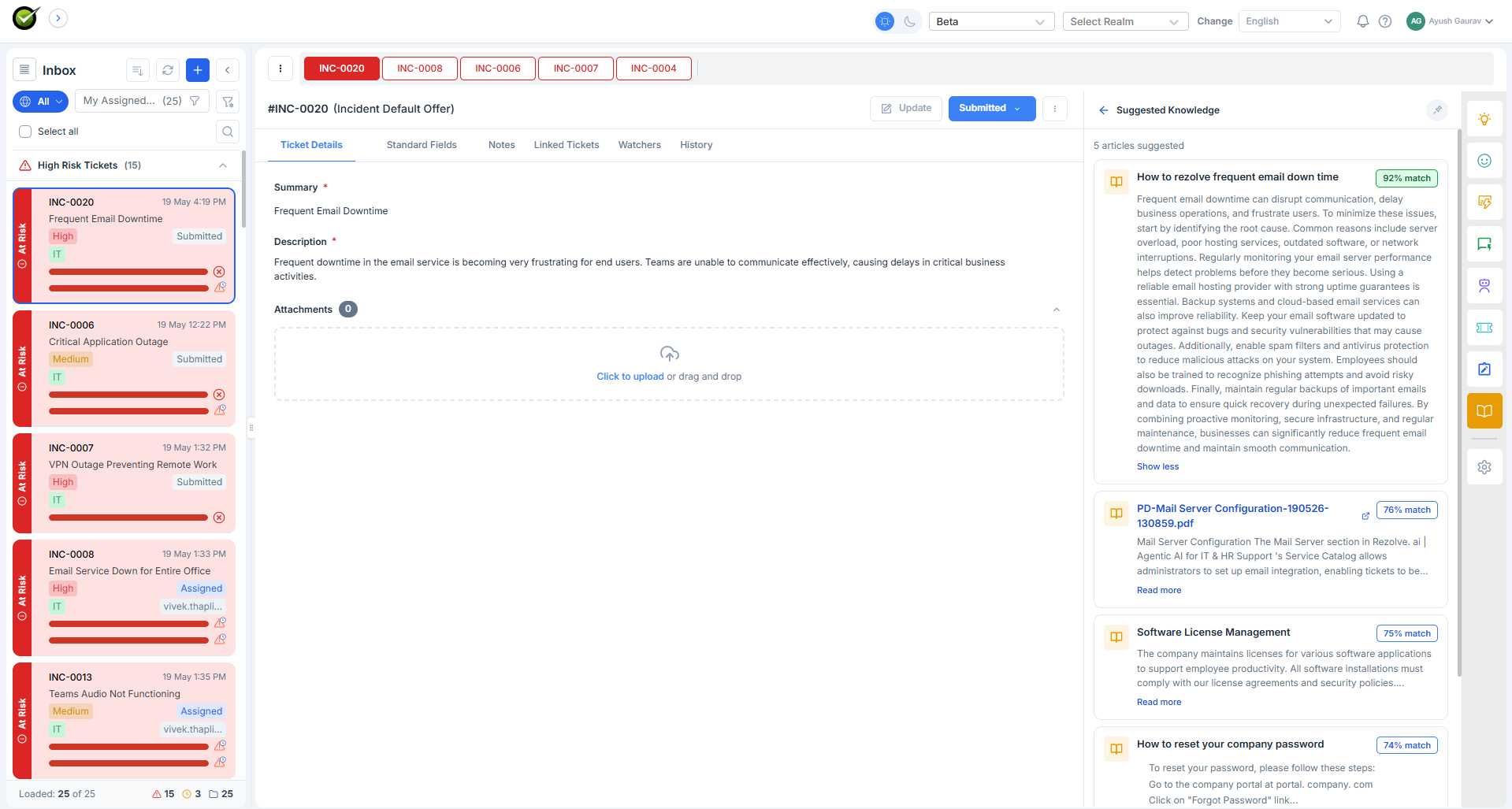 Suggested Knowledge panel with two tabs at the top - Suggested Knowledge (active) and Enterprise Search. The active tab shows three article cards stacked, each with a title, snippet, thumbs-up and thumbs-down buttons