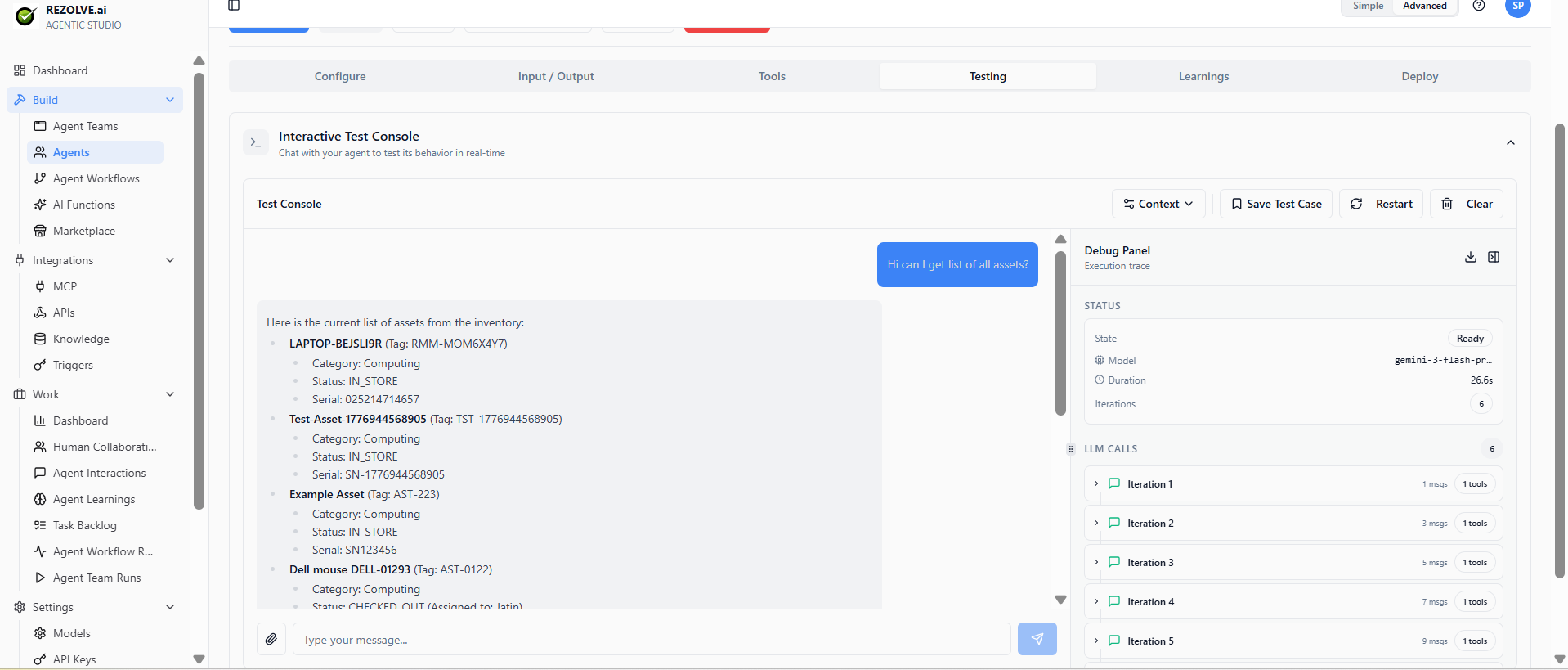 Test Console: live chat with agent, debug panel showing model, duration, iterations, LLM calls