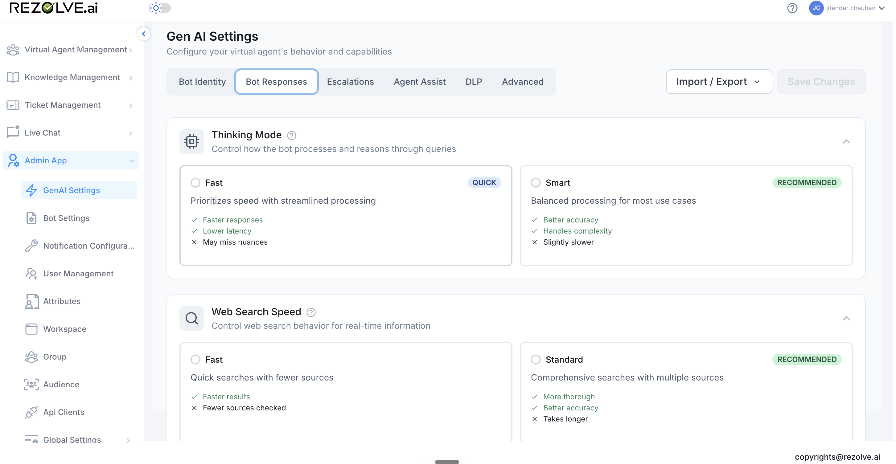 Thinking Mode section with two cards: Fast (QUICK badge) and Smart (RECOMMENDED badge); below it, Web Search Speed with Fast and Standard cards