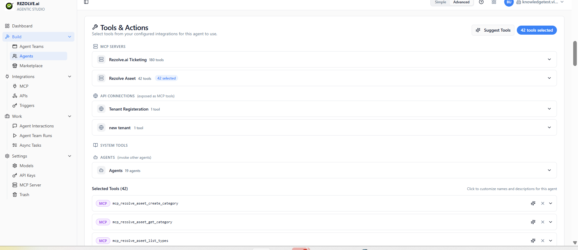 Tools tab on an agent showing MCP Servers, API Connections, System Tools, and Agents sections
