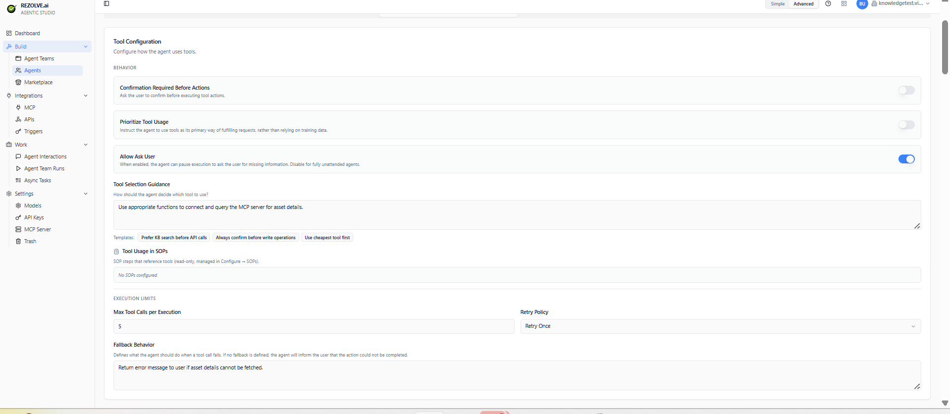 Tool Configuration section: behaviour toggles, tool selection guidance, execution limits, fallback behaviour