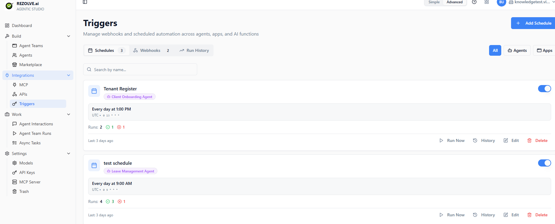 Triggers page with Schedules tab open showing scheduled agent runs and their last-run status