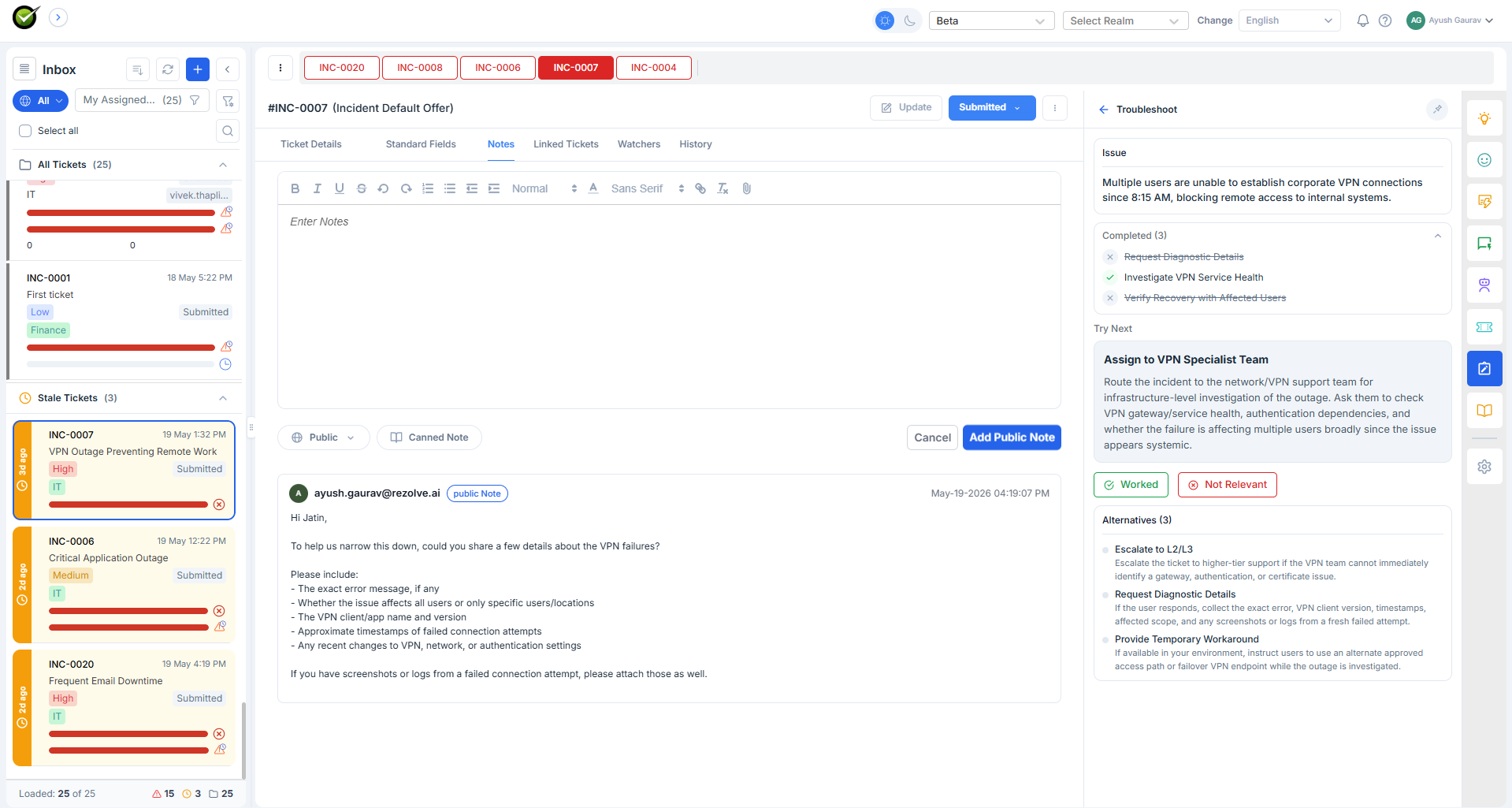 Troubleshoot panel with three sections - Issue (a one-line restatement of the ticket subject), Action Already Taken (a checklist with green ticks), and Try Next (a highlighted card with an action title, detailed instructions, and three buttons: Share Findings, Worked, Not Relevant)