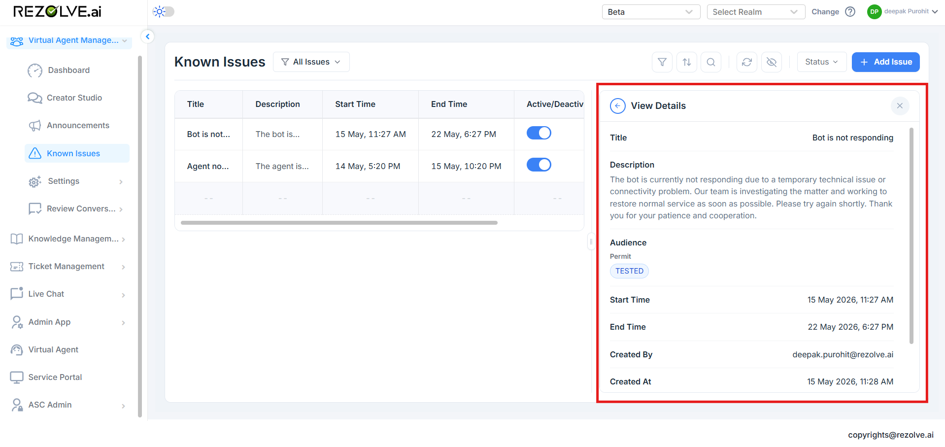 View Details drawer on the right showing Title, full Description, Audience set to Permit with a TESTED chip, Start Time, End Time, Created By, and Created At