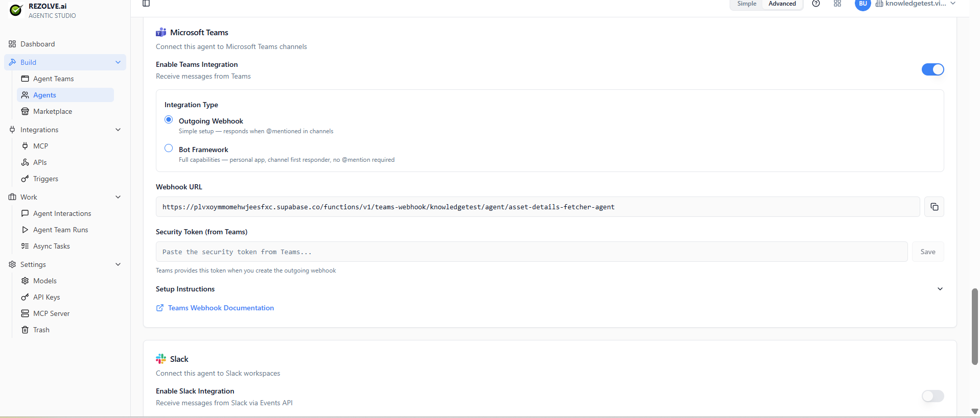 Agent → Microsoft Teams / Slack deploy section with integration toggle, type picker, generated Webhook URL, and Security Token field